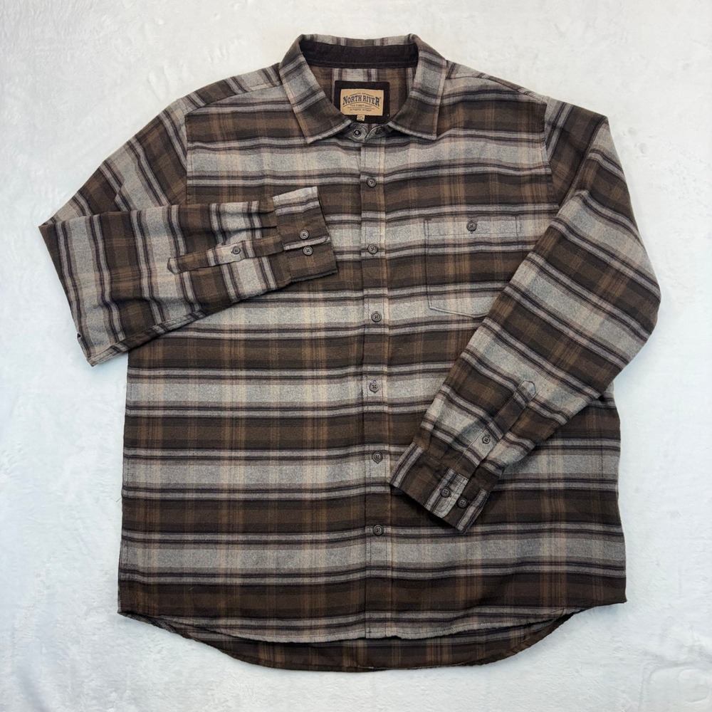 North River Mens XXL Brown Plaid Flannel Button Down Shirt NRM6386 Corduroy Trim